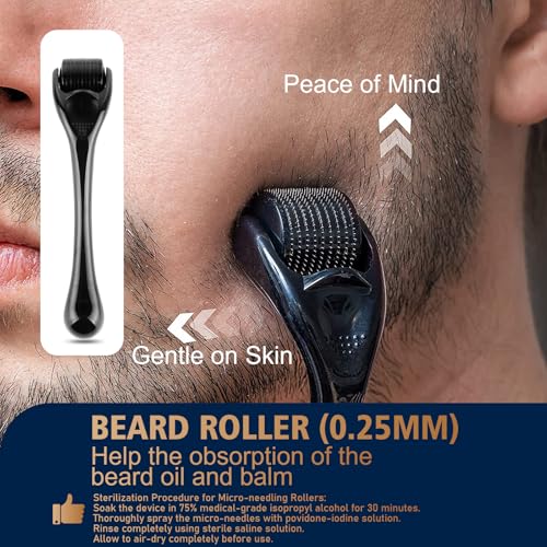 Biotin Beard Growth Kit for Men with Conditioning Oil and 0.25mm Massager Roller, Sandalwood Serum with Castor and Jojoba Oil, Grooming Softer Thicker Healthier-Looking Mustache Beard Care