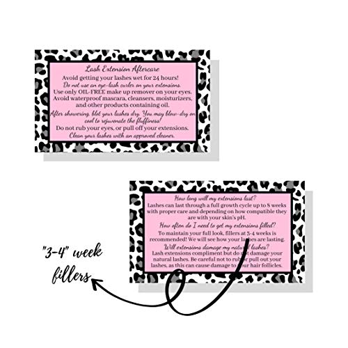 Lash Extension Aftercare Instructions Cards | Package of 50 | Leopard Print with Pink Inlay Design Double Sided Size 3.5 x 2" inches After Care (3-4 Week Fillers)