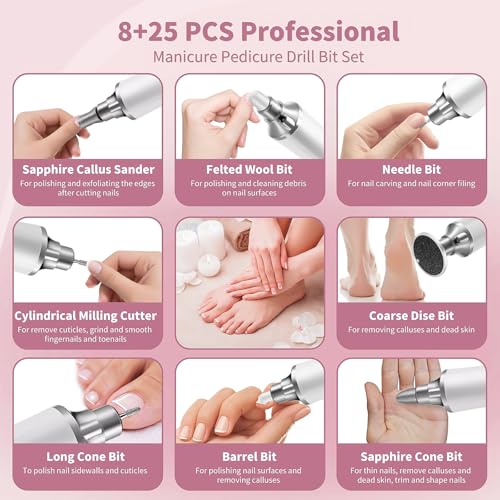 Electric Nail Drill Kit, Cordless Manicure Pedicure Kit with Memory Modes, 15 Speed Portable Nail Drill Machine, Callus Remover with 25Pcs Sandpaper Discs,Hand Foot Care Tool for Thick Nail Toenail