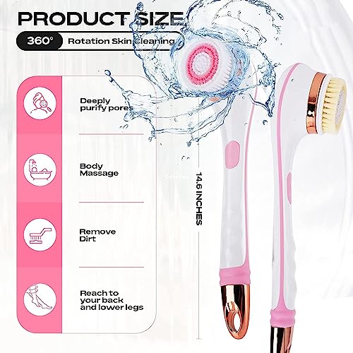 Body Brush Rechargeable, Electric Body Brush Set, Scrubber Shower Brush with Long Handle, Spin Skin Brush with 6 Brush Heads for Cleanse, Massage, exfoliate and Pamper Your Skin in The Shower (Pink)