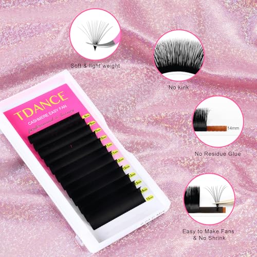 TDANCE Cashmere Easy Fan Lash Extensions Self Fanning Volume Lash Extension D Curl 0.07mm 14-19mm Matte Black Mega Volume Eyelash Extensions(0.07-D,14-19mm)