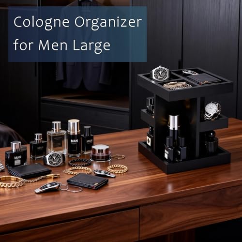3-Tier Men's Cologne Organizer Stand - Black Wood Perfume Display & Storage for Desk or Nightstand, Gift for Husband