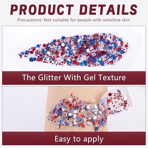 Wehhbtye 2 Set 4th of July Face Glitter, 3.5oz Red White Blue Body Glitter Gels with 2 Silicone Brush, Patriotic Sequins Gel for Independence Day Party Body Hair Nail Makeup Costume Decoration