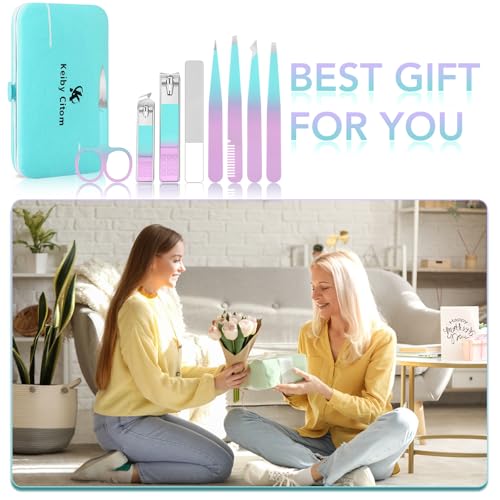 Tweezers Set and Nail Clippers 8Pcs Precision No Gaps Eyebrow Tweezer Kit for Facial Hair Men & Women Travel Tweezers with Leather Case (Violet/Cyan)