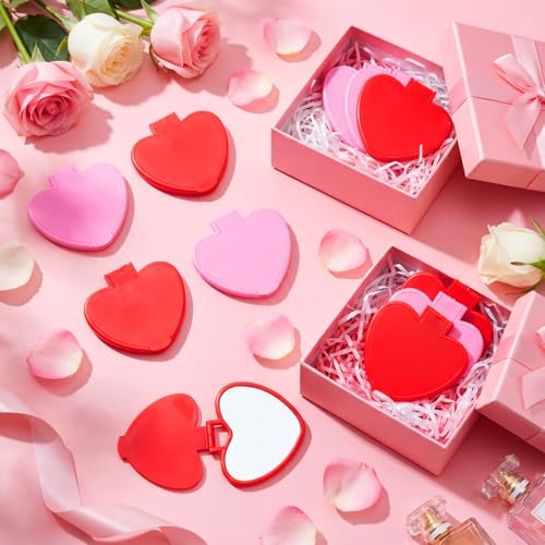 50 Pcs Heart Shaped Compact Mirror Bulk Valentines Day Small Gifts Galentines Mini Folding Pocket Mirrors Red and Pink Makeup Mirror for Women Travel Daily Use Wedding Favor Supplies