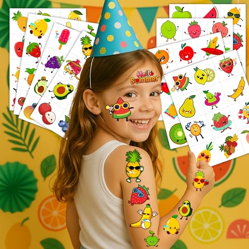 96PCS Fruit Pre-Cut Temporary Tattoos for Kids - Summer Themed Birthday Party Supplies, Cute Lemon, Orange, Strawberry, Watermelon Stickers, Fun Party Favors, School Prizes