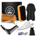 DUAIU 8Pcs Beard Brush and Comb for Men, Boar Bristle Brush and Dual Action Comb - Beard Shaper, Straight Shaving Razor with 10 Blades, Cape, Scissors Styling Cutting Tools with Bag