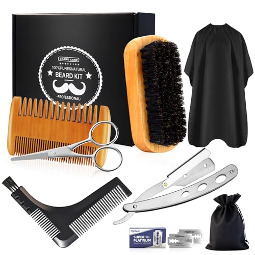 DUAIU 8Pcs Beard Brush and Comb for Men, Boar Bristle Brush and Dual Action Comb - Beard Shaper, Straight Shaving Razor with 10 Blades, Cape, Scissors Styling Cutting Tools with Bag