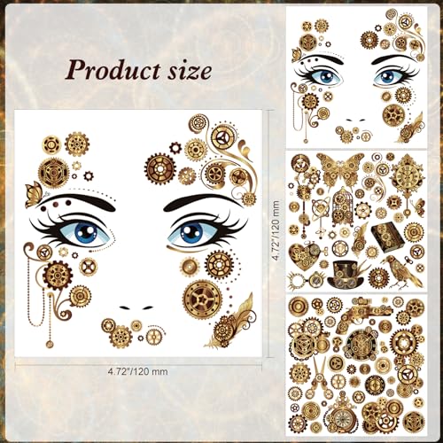 HOWAF Steampunk Temporary Tattoos Steampunk Face Tattoos, Steampunk Accessories Steam Punk Cogs and Gears Fake Tattoos, Halloween Tattoos Halloween Face Tattoo for Steampunk Halloween Costume