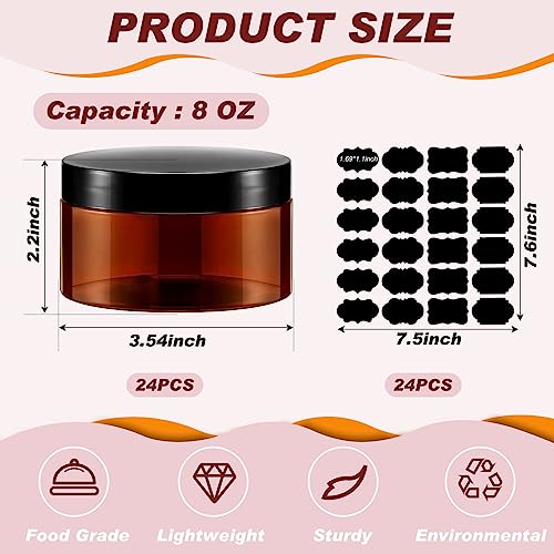 Dandat 24 Pcs 8 oz Plastic Jar Container with Lid and Label Refillable Empty Round Amber PET Cosmetic Sample Slime Containers for Lotion, Cream, Ointments, Body Butter, Makeup, Travel Storage
