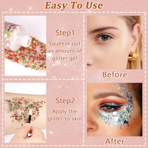 Boko 50ML Body Glitter Gel, Pink Chunky Glitter Gel for Face Hair Body Love Heart Makeup, Mermaid Face Glitter Sequins for Festival Music Concert Party Rave Accessories
