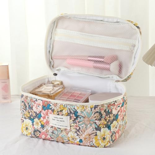 Makeup Bag, 3 PCS Quilted Makeup Bag, Cute Floral Cotton Cosmetic Bag set, Coquette Makeup Pouch Large Travel Toiletry Bag