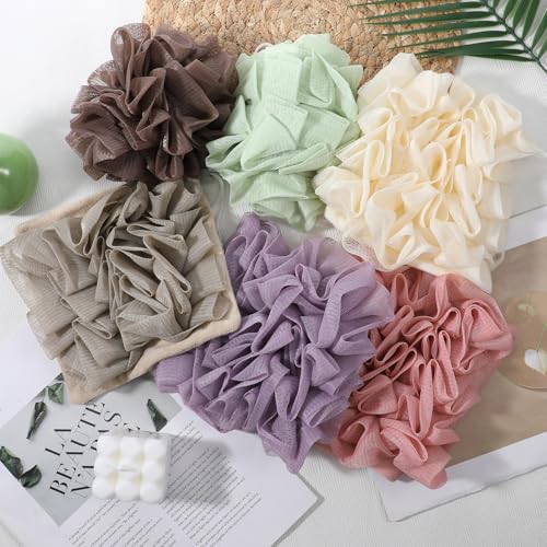 SHENLIU 12 Pack Loofah Washcloth Soap Bar Loofah, 2 in 1 Drawstring Exfoliation Bath Sponge with Bar Soap Pocket Exfoliation Mesh Shower Puff Ball Bath Shower Body Wash Cleansing Smooth Skin