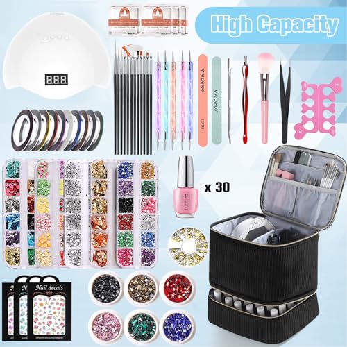 Corduroy Nail Polish Organizer and Nail Lamp Case, Nail Kit Organizer Holds 30 Bottles (15ml - 0.5 fl.oz) and a Nail Lamp, Nail Polish Carrying Case with Manicure Tools Storage Sections (Black)