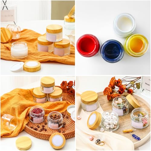 Layhit 24 Pcs 50 ml Cosmetic Glass Jars with Lids 1.69 oz Small Jars with Plastic Woodgrain Lids, White Labels and Inner Liners Empty Round Cosmetic Containers for Creams Lotions Powder Candle Making