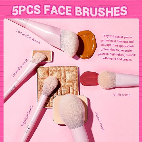 Jessup Pink Makeup Brushes 14Pcs T495 Bundled with Double Sided Makeup Brushes Set T502