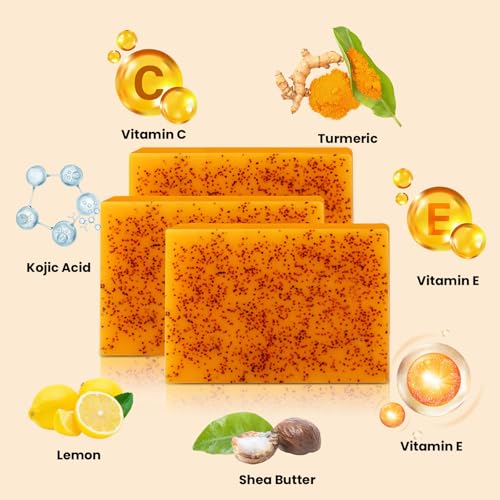 Lemon Turmeric Kojic Acid Soap Bar - Turmeric Soap with Vitamin C, Retinol, Collagen Moisturizing for Face, Body, Hands | Suits Dry Sensitive Skin (3 Bars)