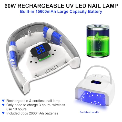UV LED Nail Lamp,60W Professional Rechargeable UV LED Nail Dryer for Gel Nail Polish Dryer Fast Curing Lamp, 4 Timer Settings Gel Nail Lights for Auto Sensor Nail Machine (White)