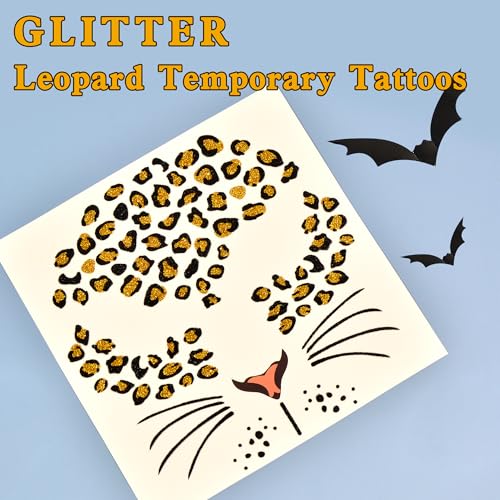 Leopard Face Tattoos, Glitter Cheetah Cat Leopard Tattoos Face Stickers, Cheetah Costume for Adult Women, Halloween Animal Costume Stickers Party Supplies