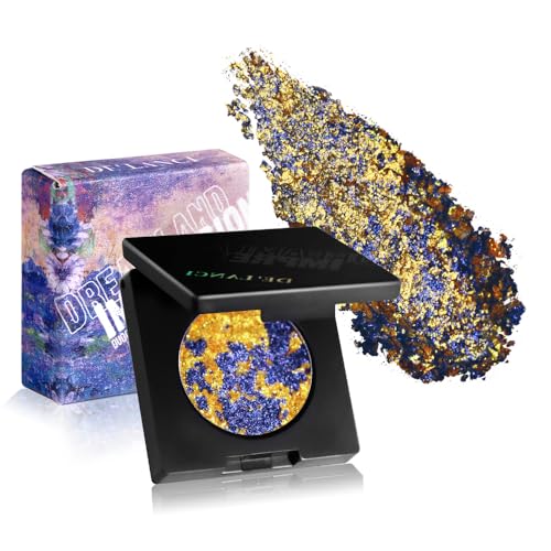 DE'LANCI Duochrome Golden Yellow Shimmery Pressed Eyeshadow, Multi-Dimensional Gold Blue Glitter Eyeshadow, Easy to Wear Chameleon Eye Shadow, Crease Resistant Waterproof Duo Chrome Eye Shadow, 12