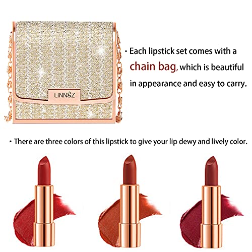 Matte Lipstick Makeup Set for Woman, 3pcs Long Lasting Velvet Lipstick in One Glamour Chain Bag, Red, Non-Stick Cup, Not Fade Waterproof, Color Sensational Lipsticks set