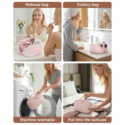 Travel Makeup Bag for Women, 2Pcs Large Capacity 180 Lay-Flat Toiletry Organizer with Brush Compartment, Waterproof Quilted Cosmetic Bag with Multiple Pockets for Travel, Vacation, Business Trip