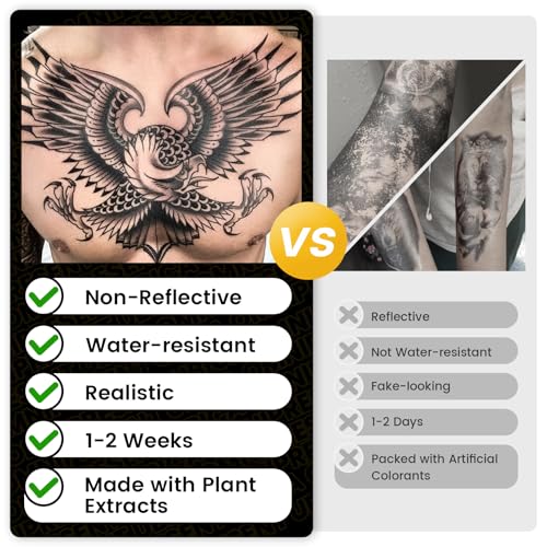 Semi Permanent Tattoos, 2 Sheets Temporary Tattoo(Sun and Moon, Flower), Lasts 7-15 Days Eclipse Tattoo, Develops Fully in 48H, Realistic, Waterproof and Non-Reflective, for Spine, Arm