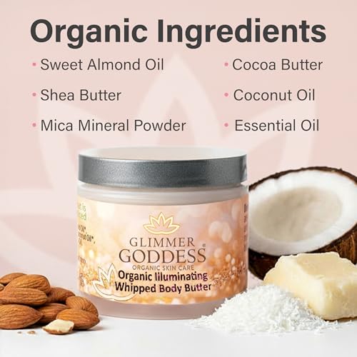 Glimmer Goddess Shimmer Body Butter with Organic Whipped Shea Butter for Hydration, Moisturizing & Silky Natural Glow - Bronze Subtle, 2 oz