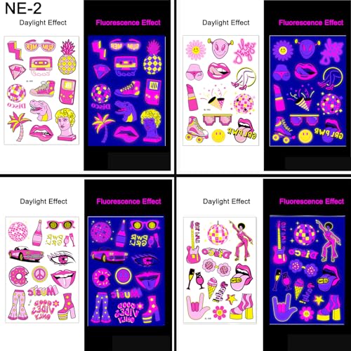 4 Sheets Glow in The Dark Temporary Tattoos for Kids Adults Waterproof Neon UV Blacklight Body Face Flash Fake Tattoo Stickers Rave Party Supplies (Multicolor-3)