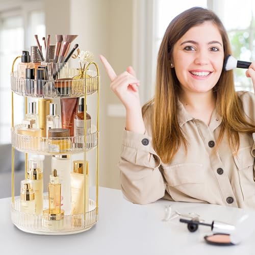Aveniee 360¡Æ Rotating Makeup Organizer for Vanity, Perfume Skincare Bathroom Countertop Organizers, 3 Tier Spinning Skincare Storage with Brush Holder for Lipstick Cosmetic Lotion,White
