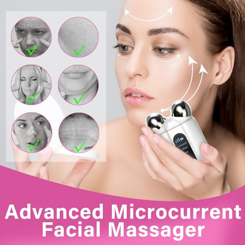 Microcurrent Facial Device, Professional Anti-Aging Skin Tightening Machine with Red Light, Microcurrent Facial Roller for Instant Face Sculpting & Toning, Jawline Defining & Eye De-Puffing