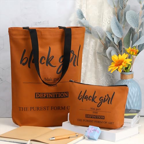 Paterr 2 Sets African Tote Bag for Women Brown Canvas Tote Handbags for Black Girls with Makeup Bag Set Fit Work Travel Beach Laptops with Zip Party Supplies