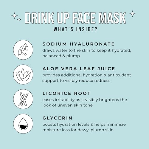 Avatara - Drink Up Facial Mask 15 Sheets, Hydrating Mask, Sheet Masks with Aloe Vera and Licorice Root, Face Mask Skincare Beauty Essential Made with Tencel Fibers, Paraben-Free, Dry Skin, 15 Pack
