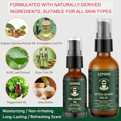 Shaving Kit for Men, Including Eucalyptus & Mint Pre-Shave Oil, After Shave Balm, 2 Packs Shaving Soap, Shaving Brush and Bowl, Beard Bib, Unique Gift for Men Stocking Stuffers
