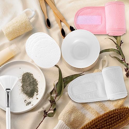 DOSTATNI Esthetician Supplies for Facials set 15 Pieces Esthetic Sponges 4 Facial Brushes Headbands Bowls Supplies, Pink,White