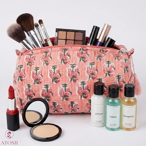 ATOSII Set of 3 100% Cotton Handblock Print Quilted Toiletry Cosmetic Makeup Travel Bag for Women, Waterproof Inner Lining, Jewelry Essentials Storage Case, Toiletries Pouch Purse, Peach Aura