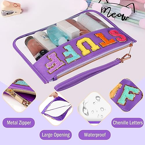 Chenille Letter Clear Bag, Travel Makeup Letter Bag with Zipper, Waterproof Transparent PVC Cosmetic Bag, Cute Snacks Portable Stuff for Women (Purple STUFF)