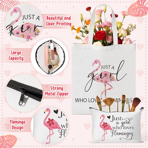 Y1tvei Flamingo Canvas Bag Gifts - 11Pcs Just A Girl Who Love Flamingos Canvas Tote Bag Makeup Pouch, Thermos Cup Stockings Pink Bracelet Card Adorable Earrings Keychain, Flamingo Lover Gift for Girls