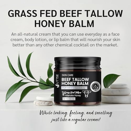Men's Beef Tallow for Skin Care:100% Grass-Fed Beef Tallow Face Moisturizer For Men - Tallow and Honey Balm With Olive Oil Manuka Honey For Sensitive Dry Skin Repair 1.7 oz