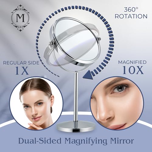 10X Magnifying Makeup Mirror on Round Stand for Tabletop, Bedroom Vanity Desk and Bathroom Counter - Free Standing Double Sided 10X/1X Magnification Mirror - 7" Wide and 14" Tall (Chrome)
