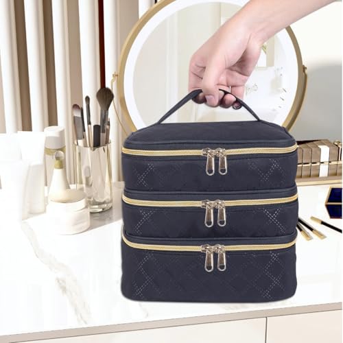 Large Makeup Bag 3 Layers with Handle Travel Makeup Bag Organizer Toiletry Accessories Bottles, Brushes, and Skin Care Products (Blakc)