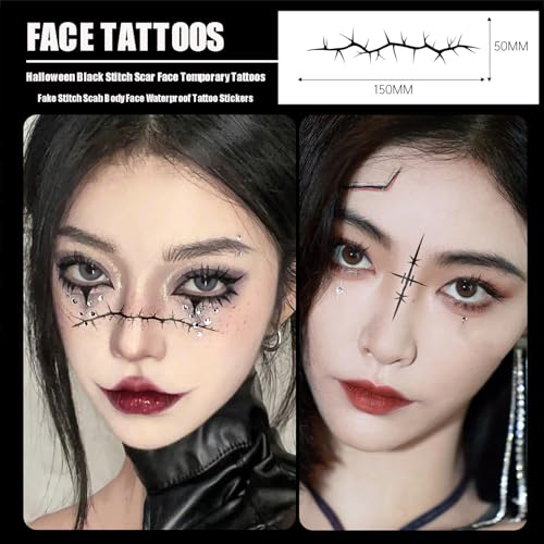 16 Sheets Black Stitch Scar Face Tattoos, Fake Stitch Scab Body Face Waterproof Temporary Tattoo Stickers for Halloween Masquerade Makeup Supplies