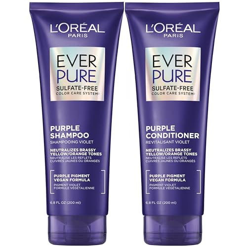 L¡¯Oreal Paris EverPure Sulfate Free Brass Toning Purple Shampoo and Conditioner Set for Blonde, Bleached, Silver, or Brown Highlighted Hair, 1 Kit