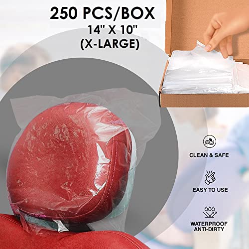 Disposable Dental Headrest Covers 14" x 10" | Pack of 250 | X-Large Clear Plastic Headrest Cover for Tattoo, Piercing and Dental Chairs, Professional Waterproof Clear Sleeves for Headrests