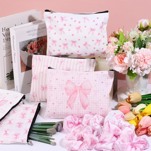 6 Set Pink Coquette Bow Gifts Include 6 Pink Bow Makeup Bags 6 Hair Scrunchies for Women Girls Preppy Cosmetic Bag Preppy Pouch Zipper Gift for Wedding Baby Shower Birthday Coquette Party Favors