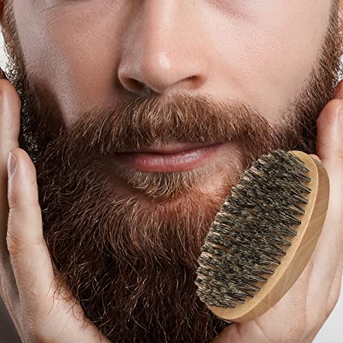 Fan Wu Beard Brush and Dual-Sided Wood Comb Set ? Natural Boar Bristle Grooming Kit with Velvet Travel Pouch, Anti-Static for Beard, Mustache & Hair ? Gift for Men