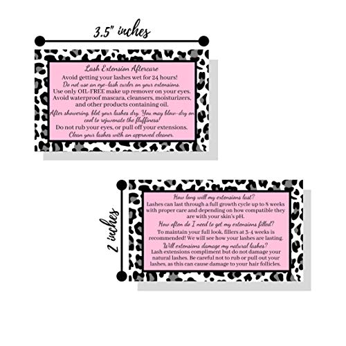 Lash Extension Aftercare Instructions Cards | Package of 50 | Leopard Print with Pink Inlay Design Double Sided Size 3.5 x 2" inches After Care (3-4 Week Fillers)