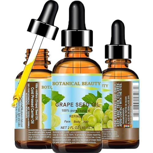 Botanical Beauty GRAPE SEED OIL 100% Pure Natural Undiluted Refined Cold Pressed Carrier Oil for Face, Skin, Body, Hair, Massage, Lip, Nails (2 Fl Oz 60 ml)