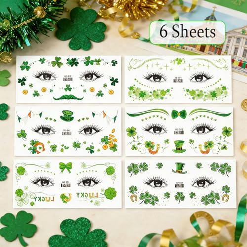 St. Patrick's Day Face Sticker- 6 Sheets Shamrock Eye Body Stickers for Kids & Adults | Green Clover Irish Temporary Tattoo Sticker for St. Patrick's Day Parade, Party Makeup Festival Supplies