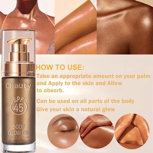 Body Shimmer Oil, SPF 45 Broad Spectrum, Sunscreen Shimmer Body Glow Oil with Coconut Oils, Glitter Sunscreen for Body & Face, Body Luminizer Face Highlighters & Luminizers Makeup(Rose Gold, 30ML)
